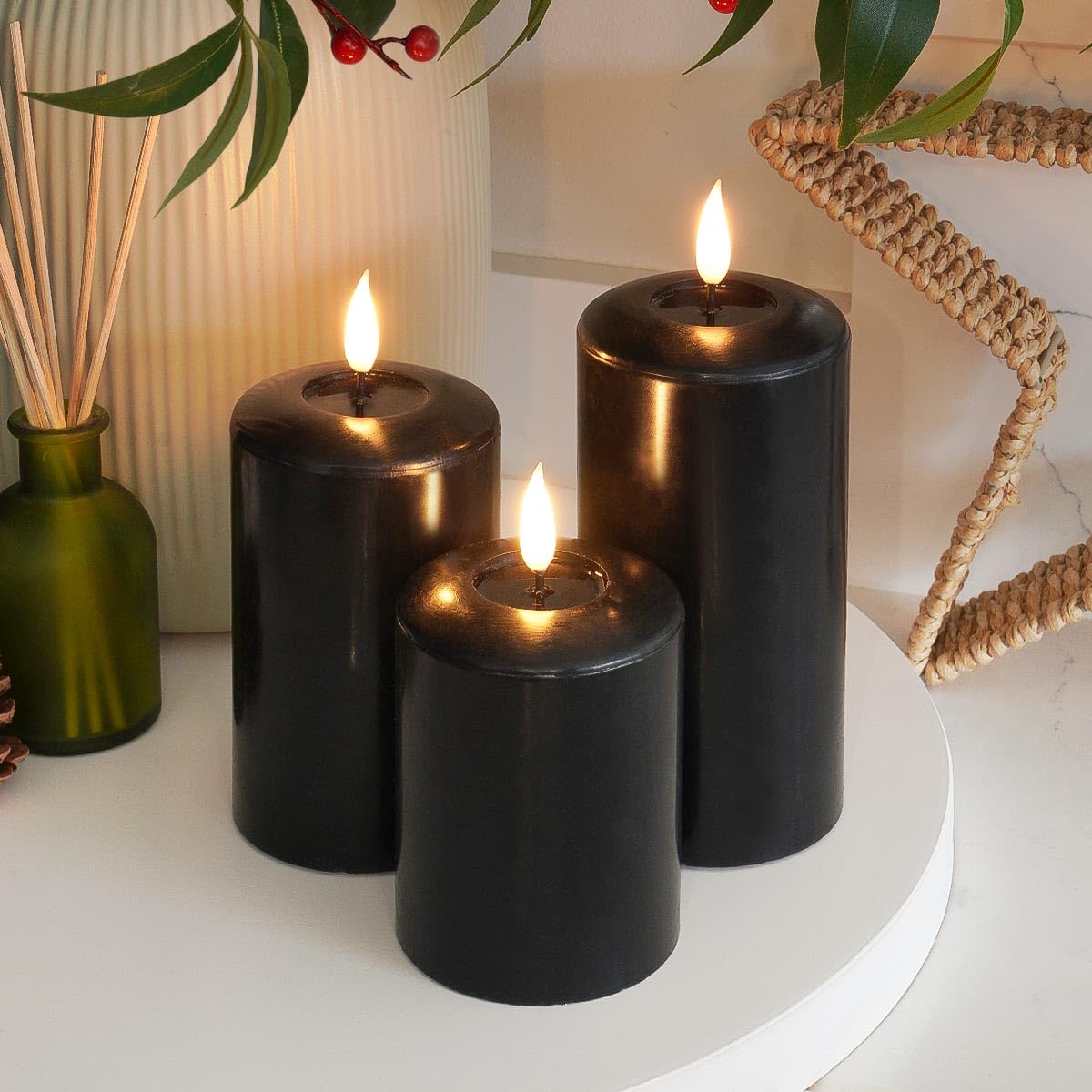 EMBER™ LED Candle Flameless Flickering Signature Black Battery Powered Wax Trio
