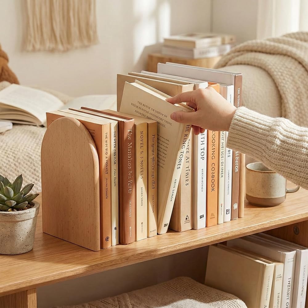 Sujetalibros de Madera, 2 Aguanta Libros, Sujetalibros de Haya Soporte para Estantes, Sujeta Libros Estanteria Antideslizantes, Separador de Libros Apoya Libros Bookends (10.5x12x17cm)