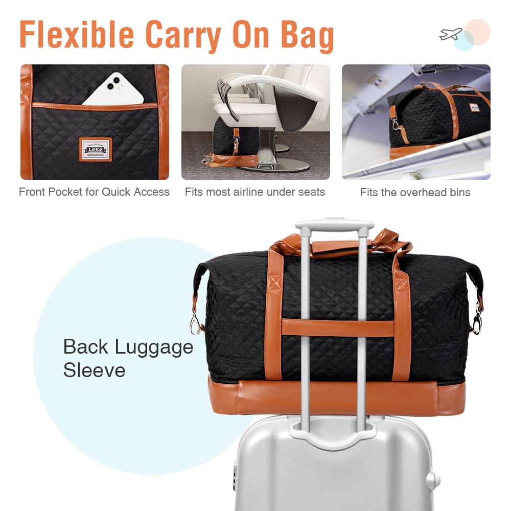 Lekesky Bolsa de viaje para mujer, bolsa de fin de semana con zapatos, bolsa de aseo, compartimento para zapatos, bolsa de fin de semana, bolsa de viaje, Acolchado negro, 50 L, Bolsa de viaje para