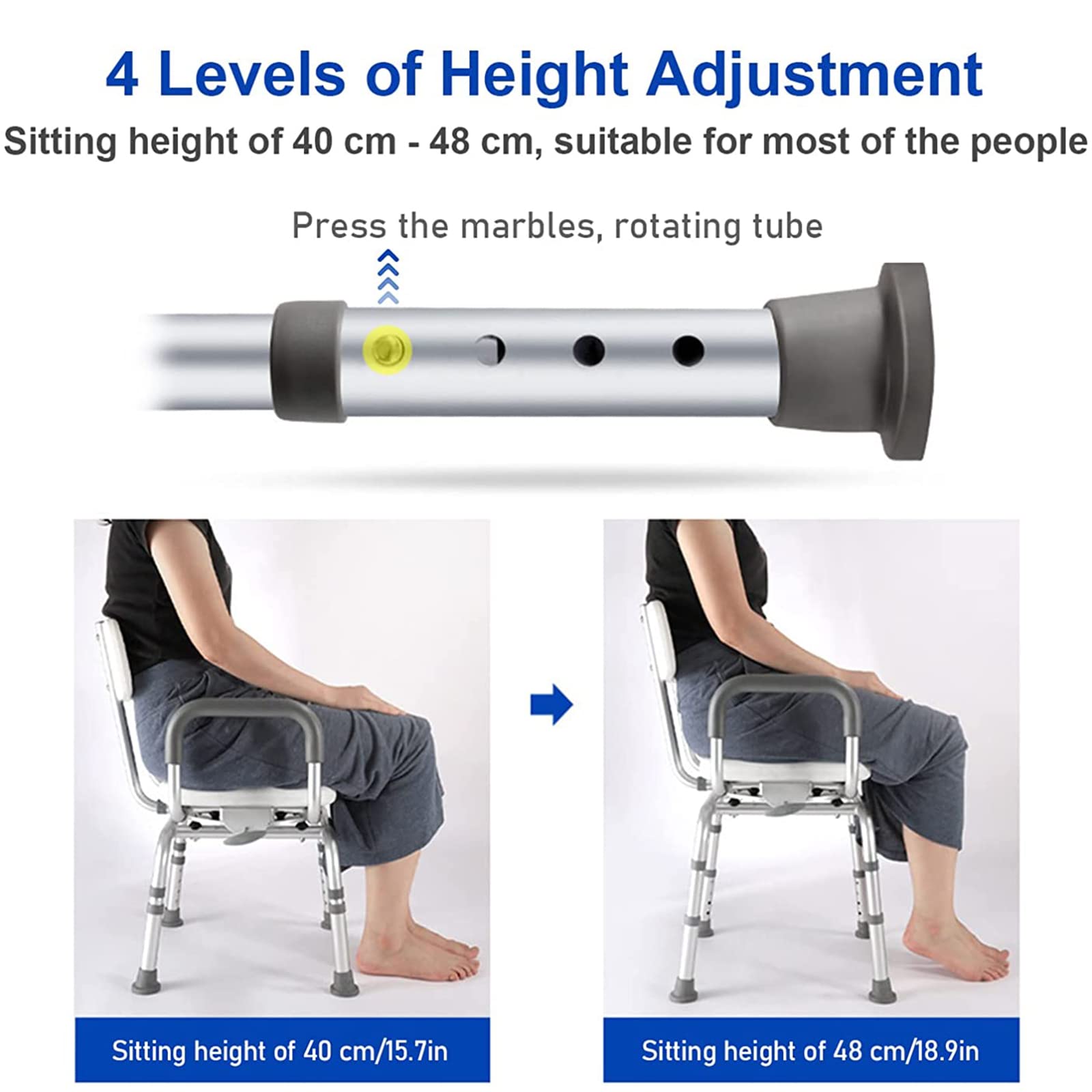 Silla de ducha giratoria de 360° para ancianos con rieles – Sillas de baño antideslizantes con respaldo – Asiento de ducha ajustable resistente y taburete para personas mayores – Seguro y cómodo
