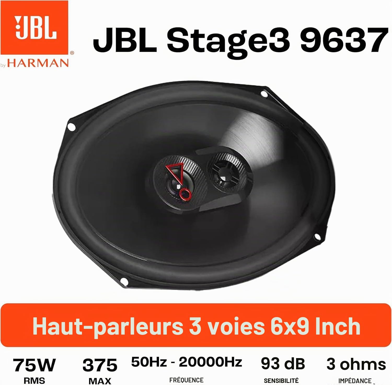 JBL Stage3 9637F - Ensemble Haut Parleur à 3 Voies de Harman Kardon sans Grille - Enceinte Voiture de 375 Watts Boîte Ovale Large 6" x 9" (152 mm x 230 mm)