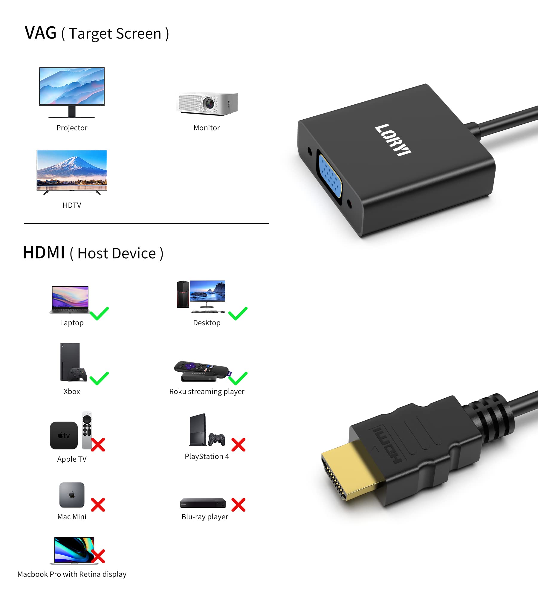 Adattatore HDMI a VGA, adattatore HDMI maschio a VGA femmina 1080P@60Hz, compatibile per computer, desktop, laptop, PC, monitor, proiettore, HDTV, Chromebook