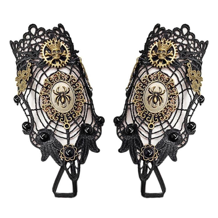 Daimay Bronzing Fingerless Gloves Gothic Floral Lace Steampunk Wristband Ring Vintage Beaded Gloves Bridal Bracelet Ring Set - 1 Pair  Spider Web