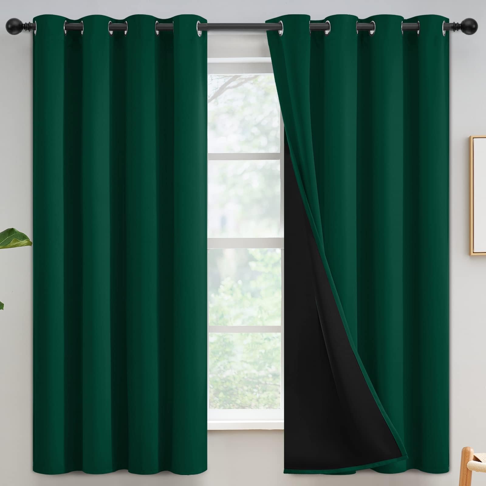 Yakamok 100% Blackout Emerald Green Curtains for Bedroom 63 Inch Length