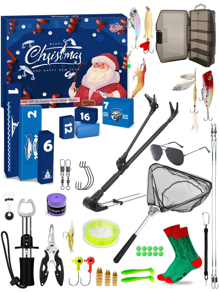 Fishing Advent Calendar 2025 for Men, Advent Calendar Fishing Christmas Countdown, 24 Days Fishing Lures Set with Fishing Rod Holder, Fish Lip Gripper, Hook Tier, for Father, Husband, or Boyfriend
