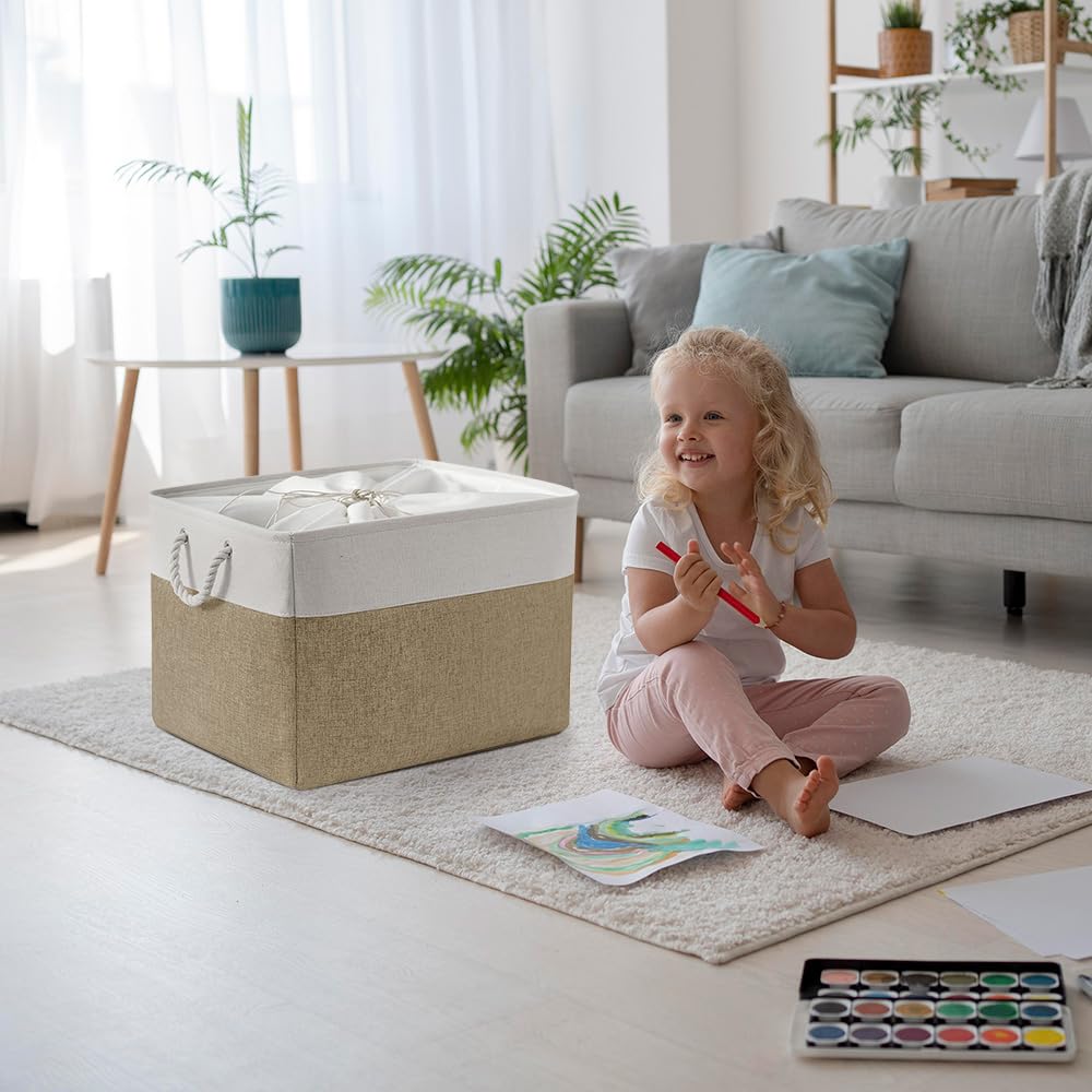 TheWarmHome Kosz do organizowania i przechowywania - 50 x 40 x 35 cm, Jumbo 3-pak, składane pojemniki do przechowywania, kostki do przechowywania z tkaniny do szafy, organizer, zabawka, biały i khaki