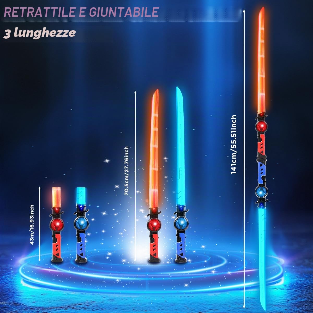 VATOS 2PCS Spade Luminose Ricaricabili per Bambini, 15 Colori Variabili con Effetti Sonori di Combattimento, Giocattolo di Spada Luminosa LED Retrattile 2 in 1 per Cosplay, Feste su Samurai