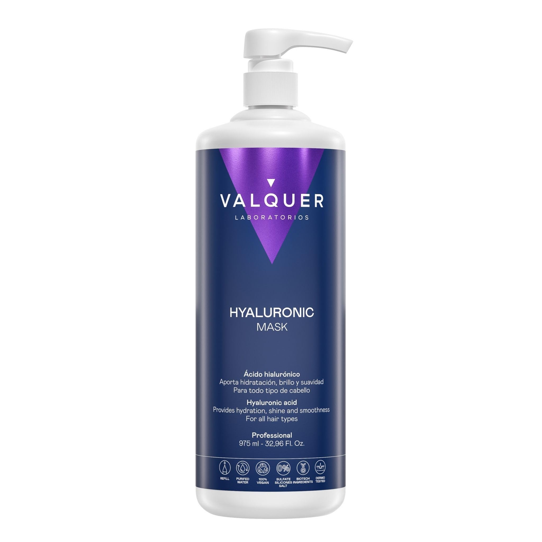 VALQUER Mascarilla Ácido Hialurónico Zero | Hidrata, Repara y Revitaliza el Cabello Dañado y Seco | Con Pantenol, Keratina y Aloe Vera | Vegano | 975 ml