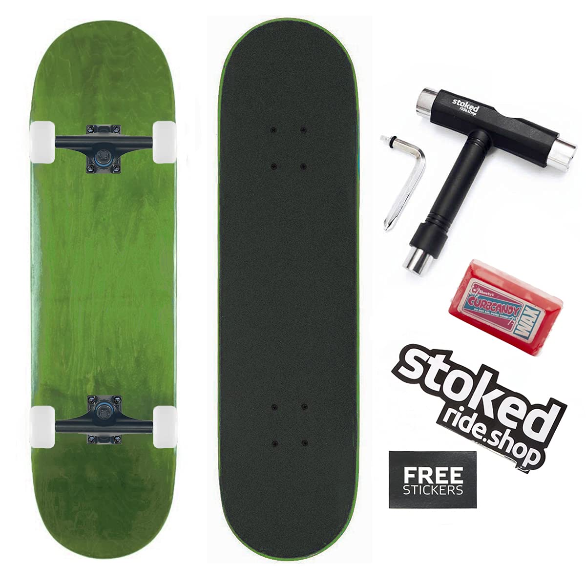Stoked Ride Shop Blank Skateboard Complete | 8.0" (Green w/Black Trucks, Hardware, Wheels, Grip Tape + Tool)