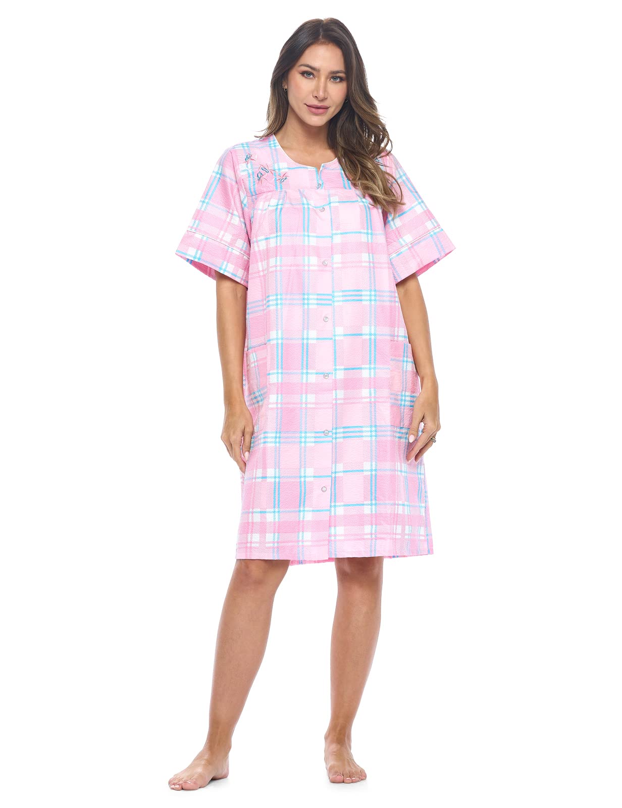 Casual Nights Women's Snap - Front House Dress Short Sleeve Woven Housecoat Duster Lounger Robe with Pockets