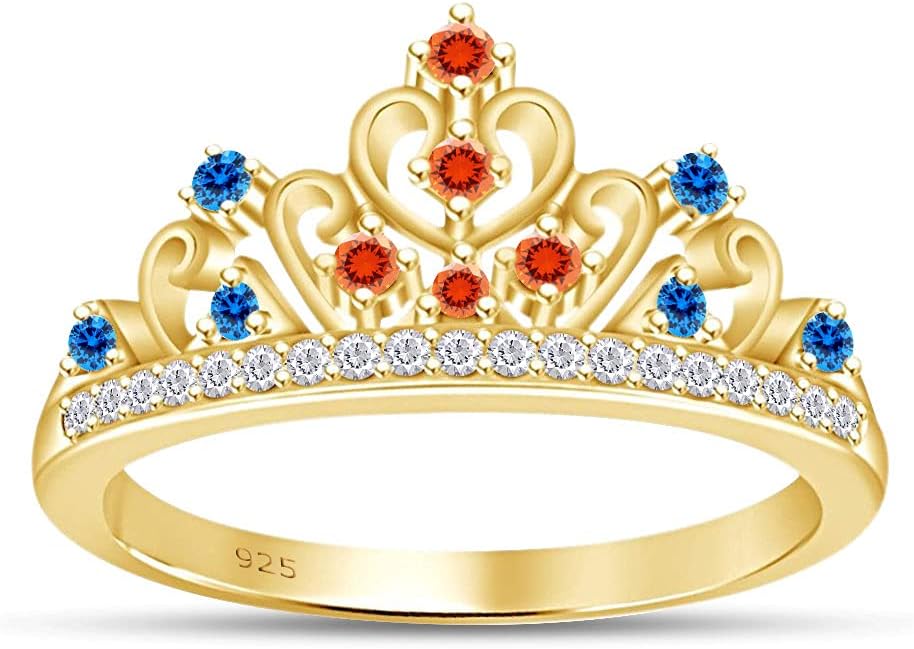 AFFY Round Cut Simulated Multi Stone Princess Style Engagement Wedding Crown Ring in 14k Yellow Gold Over Sterling Silver