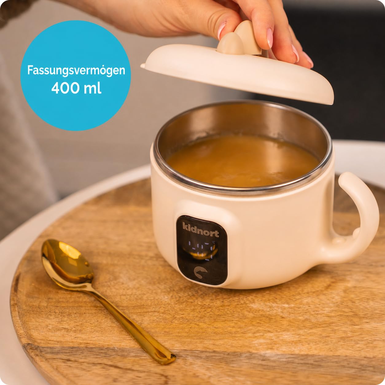 Vennlig Mobiler Babykostwärmer 400 ml mit Akku kabellos für unterwegs 40 und 45 Grad Display 4500 mAh 70 Grad Pflegeprogramm für Babybrei Mahlzeiten und Getränke Beige