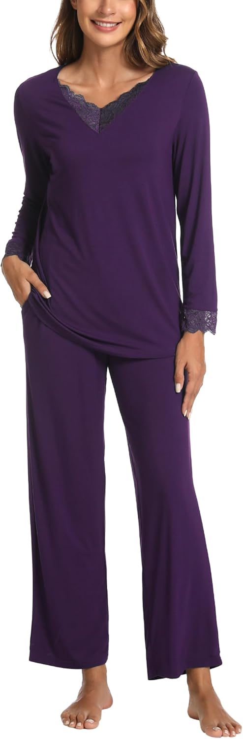 GYS Women's Pajama Sets Viscose from Bamboo Lace Trim Long Sleeve Sleepwear Soft Pjs Lounge Sets with Pockets