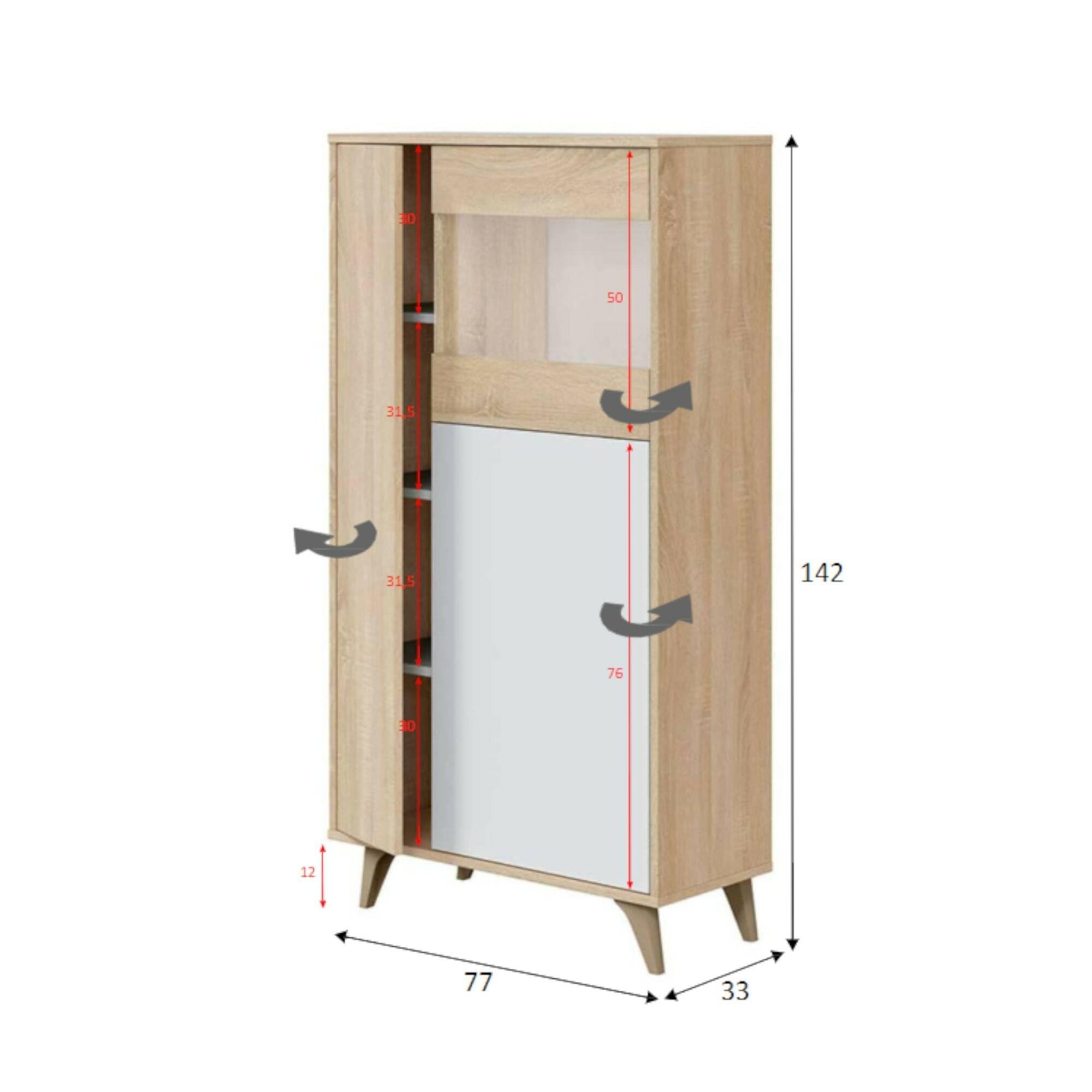 Dmora - Vetrina Atlanta, Vetrinetta moderna a 3 ante, Credenza da soggiorno o salotto, Madia alta con ripiani, 77x33h142 cm, Rovere e Bianco