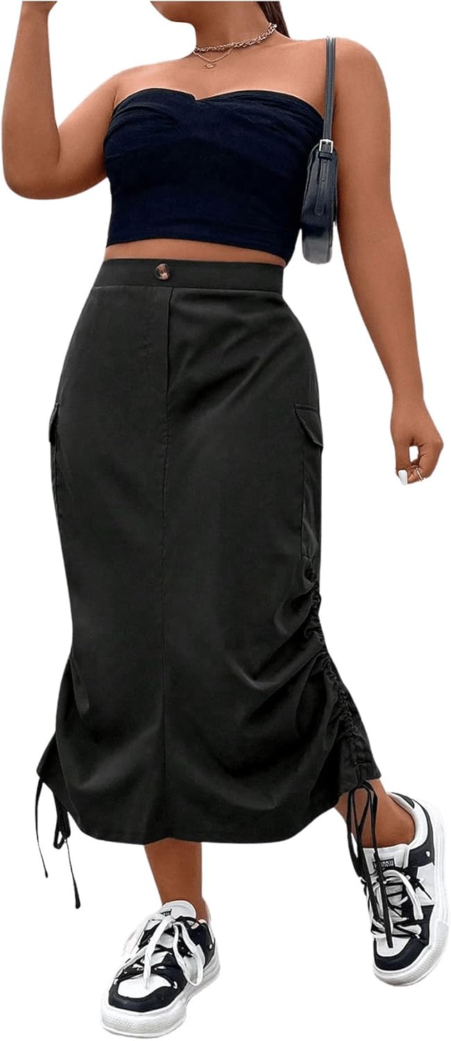OYOANGLE Women's Plus Size Elastic High Waist Flap Pocket Drawstring Side Midi Cargo Skirts - Image 6