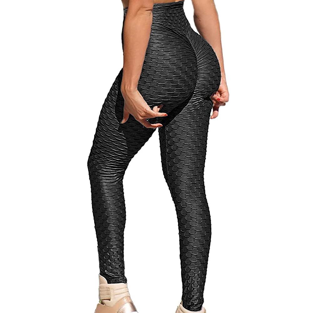 STAR FASHION Women Honeycomb Waffle Leggings Anti Cellulite High Waist Yoga Pants Tummy Control Gym Butt Lifting Textured Scrunch Butt Tights | Black | Medium