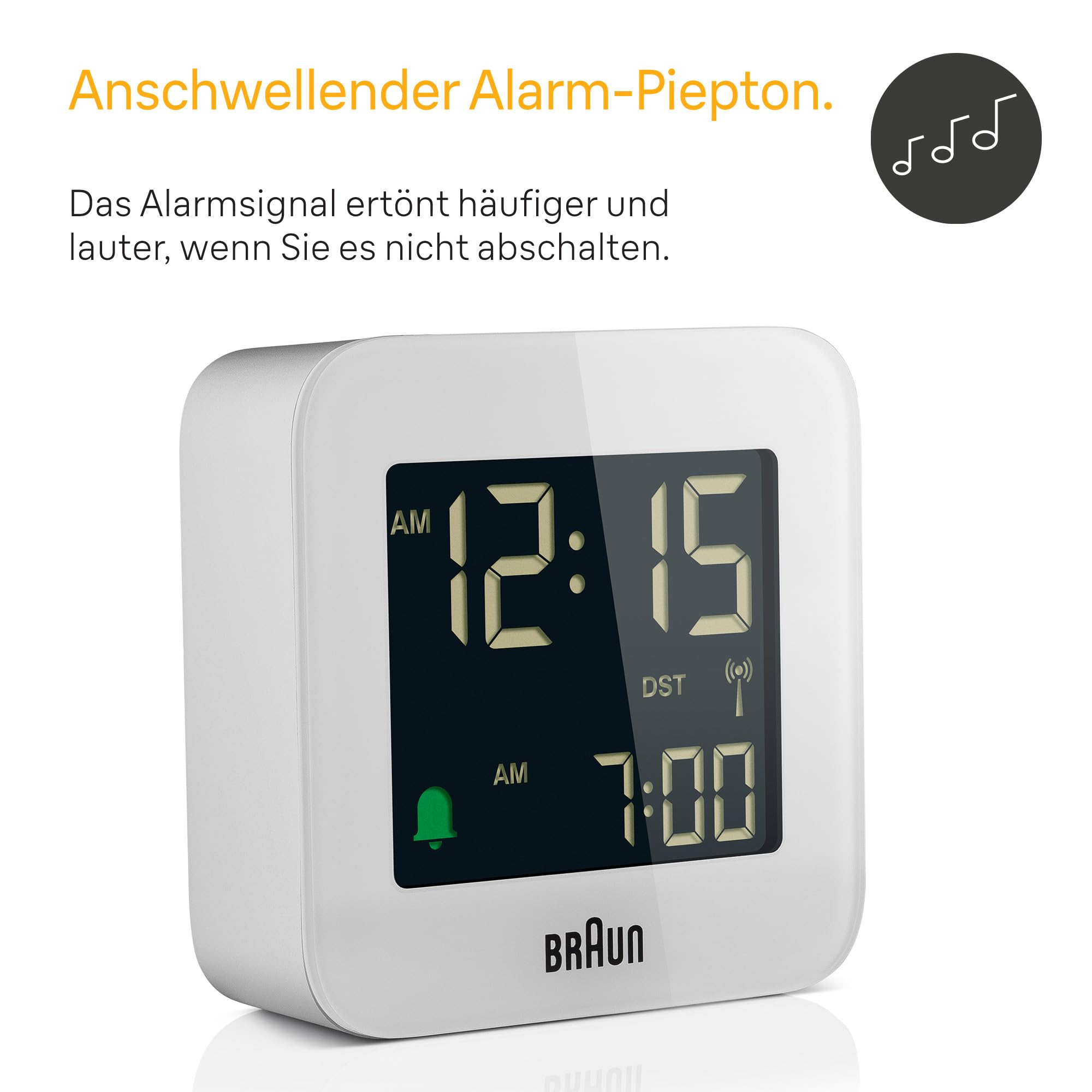 Braun Digitaler Reisewecker Mitteleuropäische Zeitzone (MEZ) mit Schlummerfunktion, kompakte Größe, Negatives LC-Display, Schnelleinstellfunktion, Crescendo-Alarm in Weiß, Modell BC08W-DCF