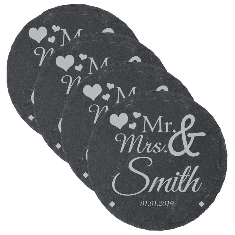 Personalised Engraved Round Slate Wedding Coaster Mr&Mrs with Hearts Set of 4