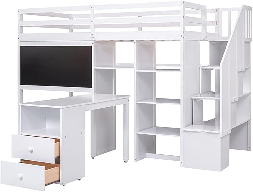 Miniatura 45 de Quarte Cama alta multifuncional, cama alta tamaño matrimonial con escritorio integrado y estantes de almacenamiento, dos cajones y escalera de
