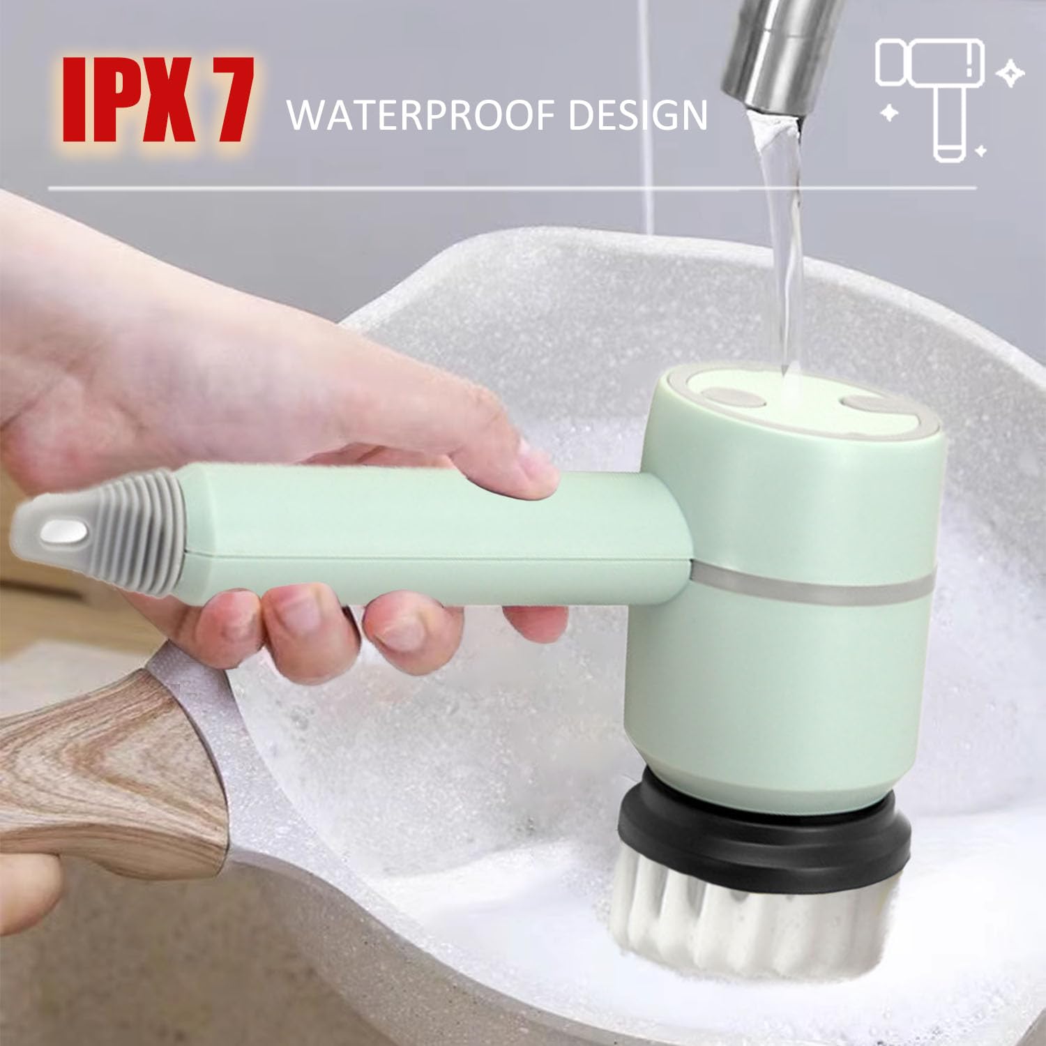 Hanaoni Electric Dish Gun, Pistola per strofinare piatti, 3 velocità regolazione, spazzola di pulizia con 6 testine di ricambio diverse, multifunzione girevole a 360°
