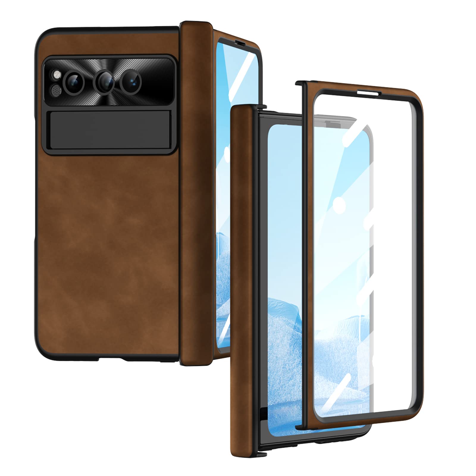 Pixel Fold Case, Leather Magnetic Hinge Protection Cover Built-in Screen Protector, Compatible with Google Pixel Fold 2023 (Brown)