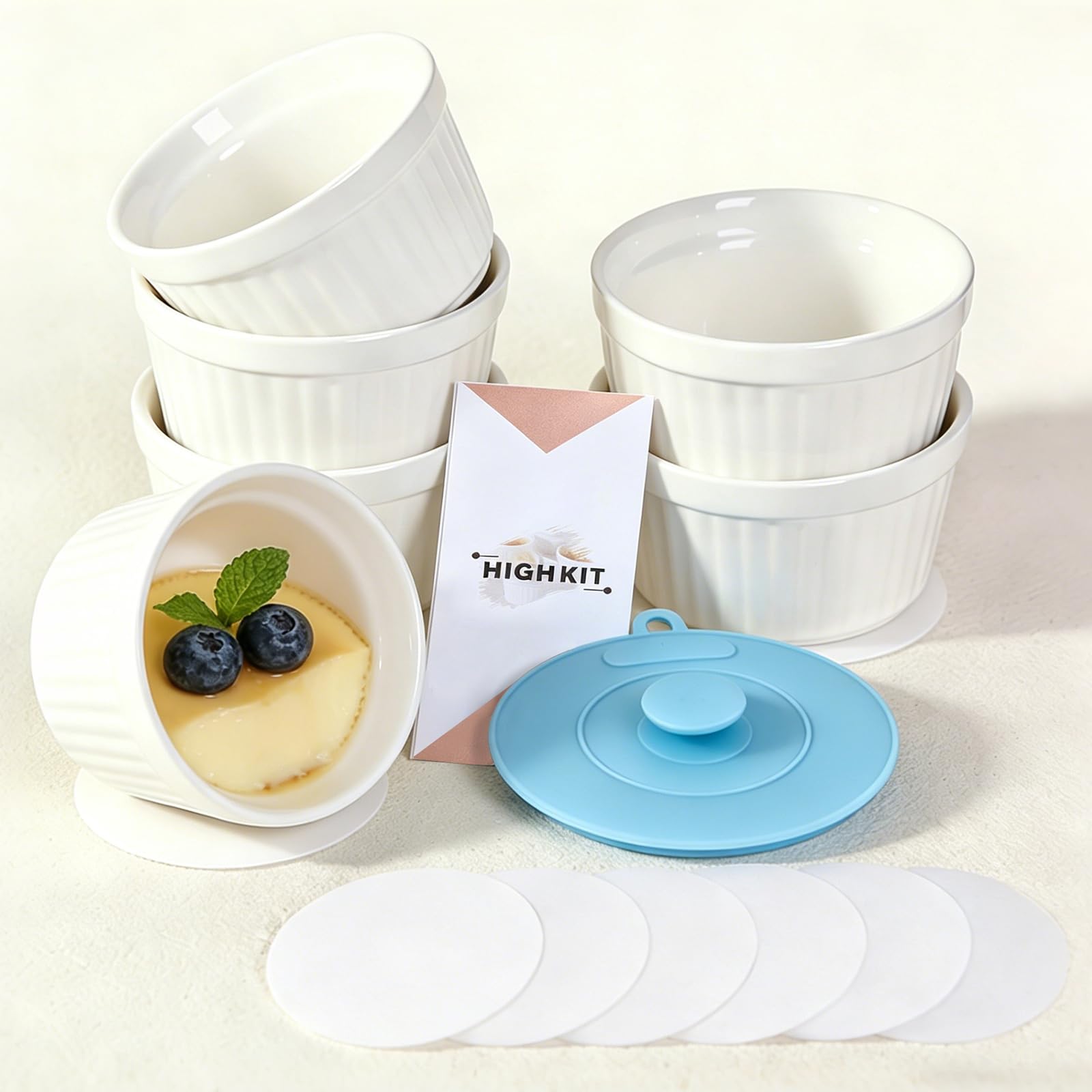 Ramequin Creme Brulee Lot de 6, 200 ml Moules à Soufflé en Porcelaine, Ramequins Individuels pour Pudding, Crème Glacée, Sauce, Ramequin Dessert pour Four et Micro-ondes,9×5.3cm, Blanc
