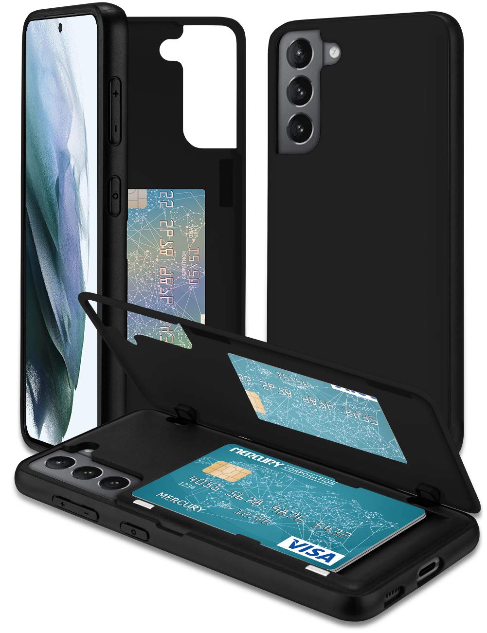Goospery for Galaxy S21 6.2"(2021) Card Holder Wallet Case, Easy Magnetic Door Closure Protective Dual Layer Bumper Sturdy Phone Back Cover with Hidden Mirror (Black) S21-MDB-BLK