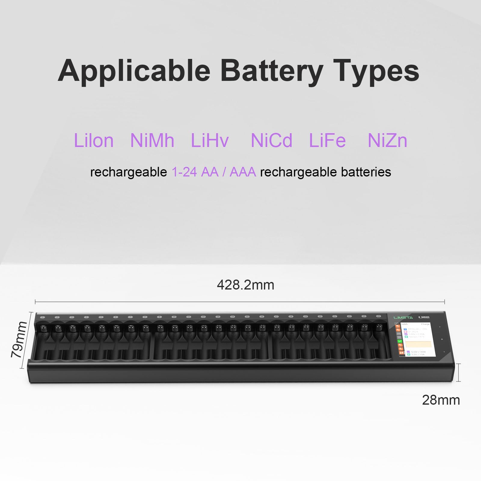 LIMETA Caricabatteria AA ricaricabile per batterie AA/AAA NiCd, NiZn, LiFePO4 e altri caricabatterie indipendenti a 24 canali con ricarica rapida per stazione di batteria ricaricabile AAA