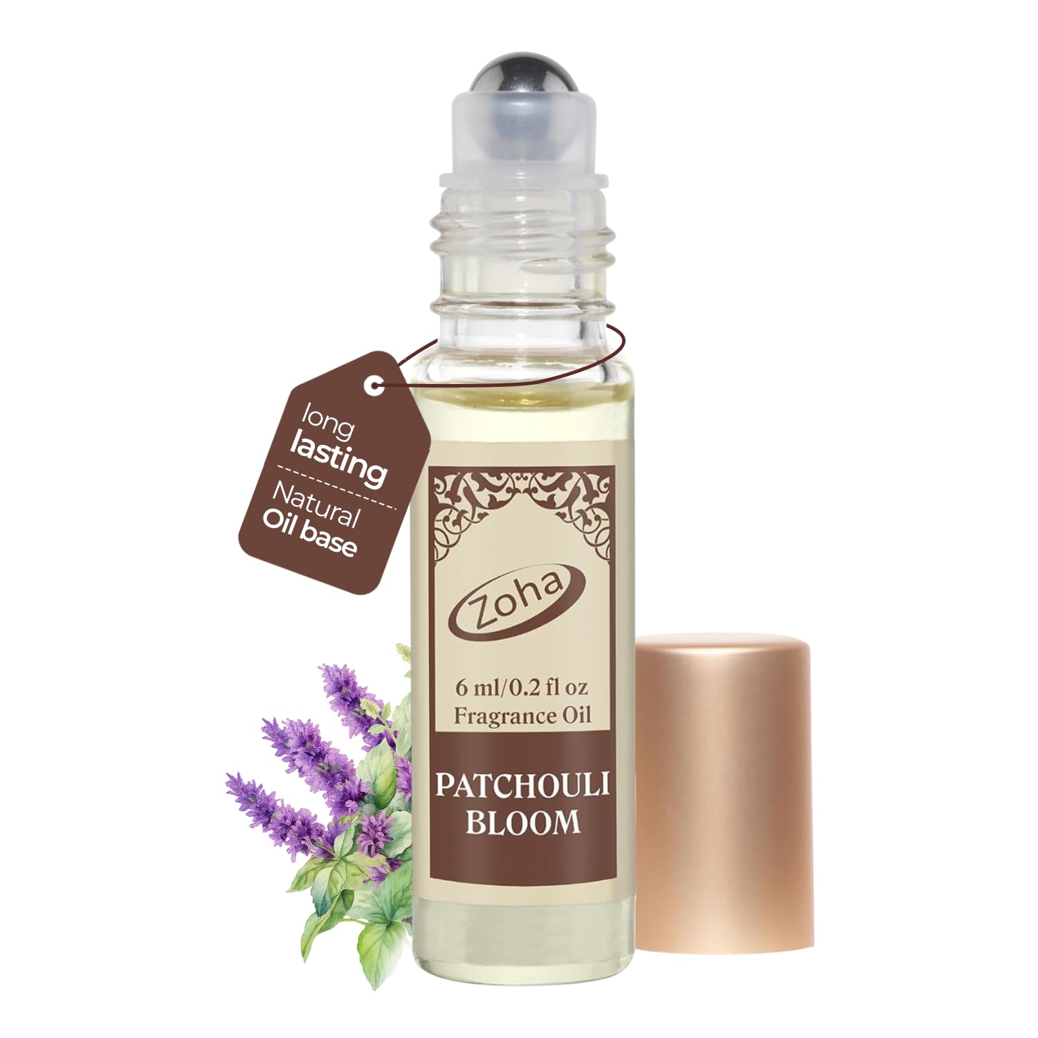 Zoha Patchouli Bloom - Patchouli Perfume for Men and Women, Alcohol Free Perfume Oil Roll On, Natural Clean Travel Size Parfum, 6ml Roller
