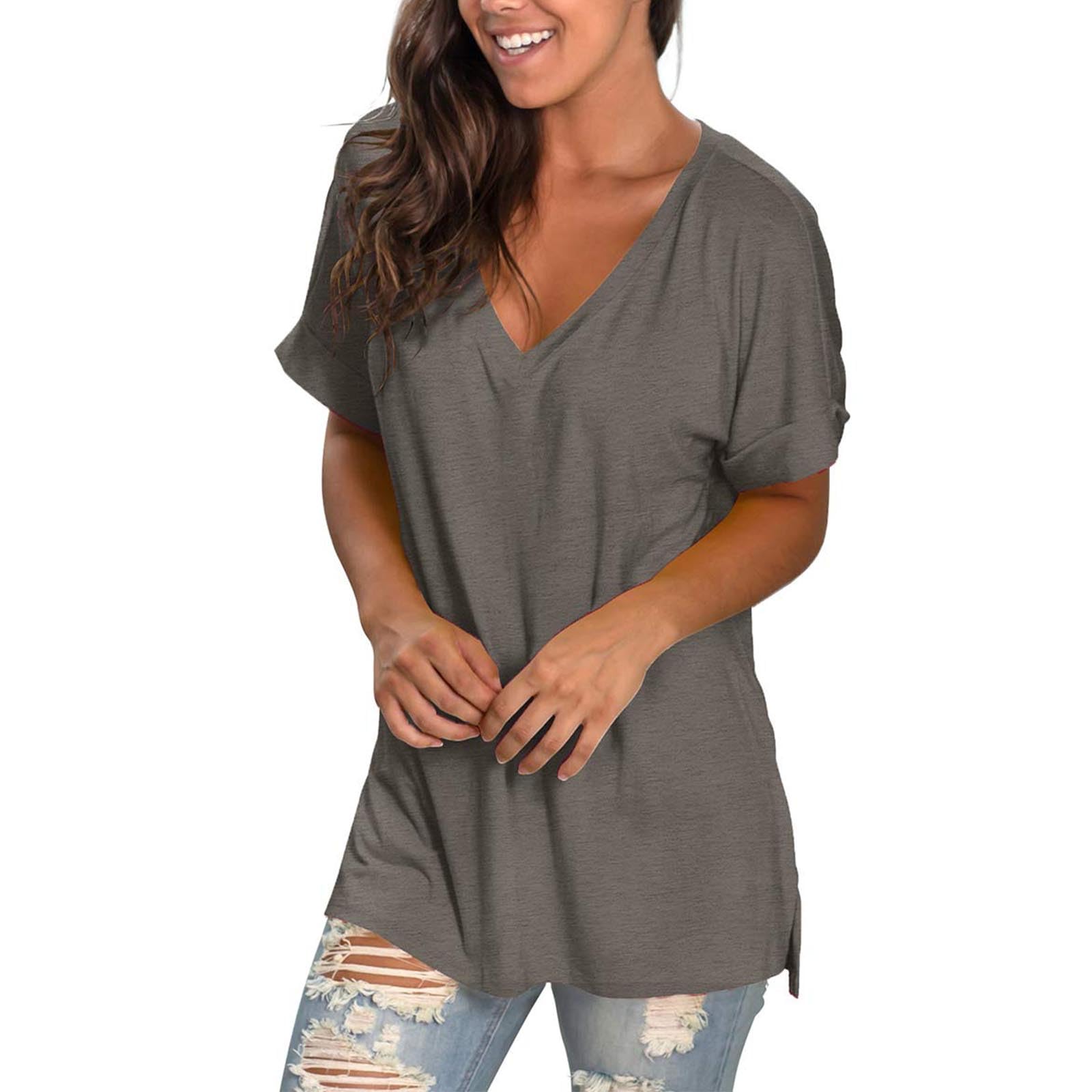 2025 T Shirt Long Femme Grandes Tailles Classique Coupe Ample,T-Shirt Femme À Manches Courtes Col en v Tops D'Été,Tee Shirts De Sport Femmes Casual Tops Tunique Elégante Couleur Solide Été