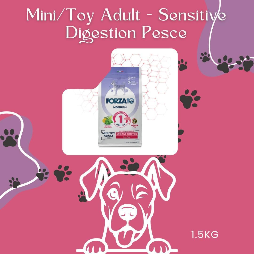 Forza 10 Perro pequeño/Mini Adult Mono sabor pescado alimento completo monoproteico para perros adultos de talla pequeña, hipoalergénico, sensible digestión, paquete de 1,5 kg.