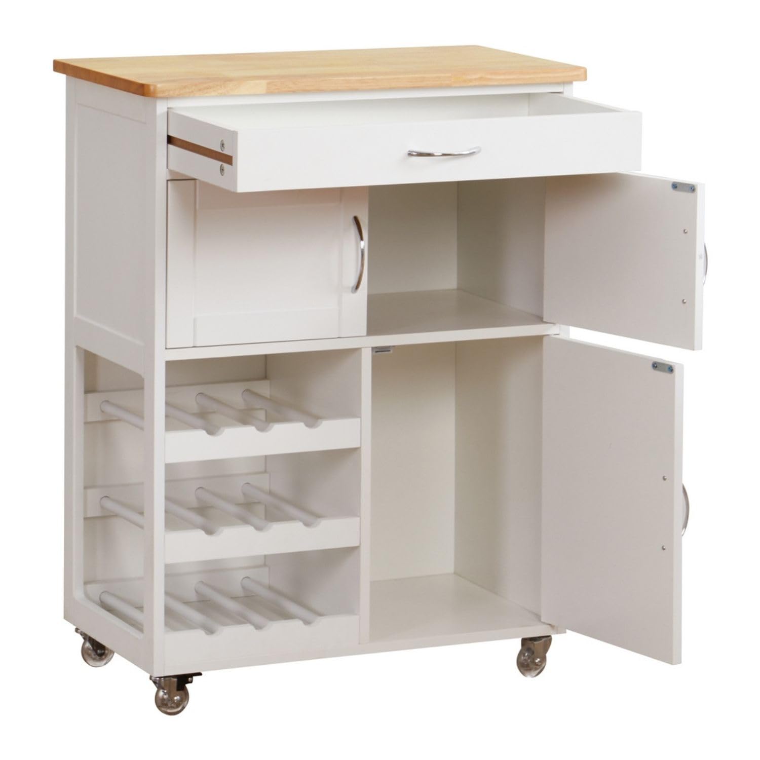 Brigros WeHome - Carrello Cucina Legno Febe, Credenza Bianca 67x36x87 Cm Con 1 Cassetto, 3 Ante, 3 Ripiani Portabottiglie, Mobile Cucina Con Ruote E Piano In Legno Rovere (Bianco)
