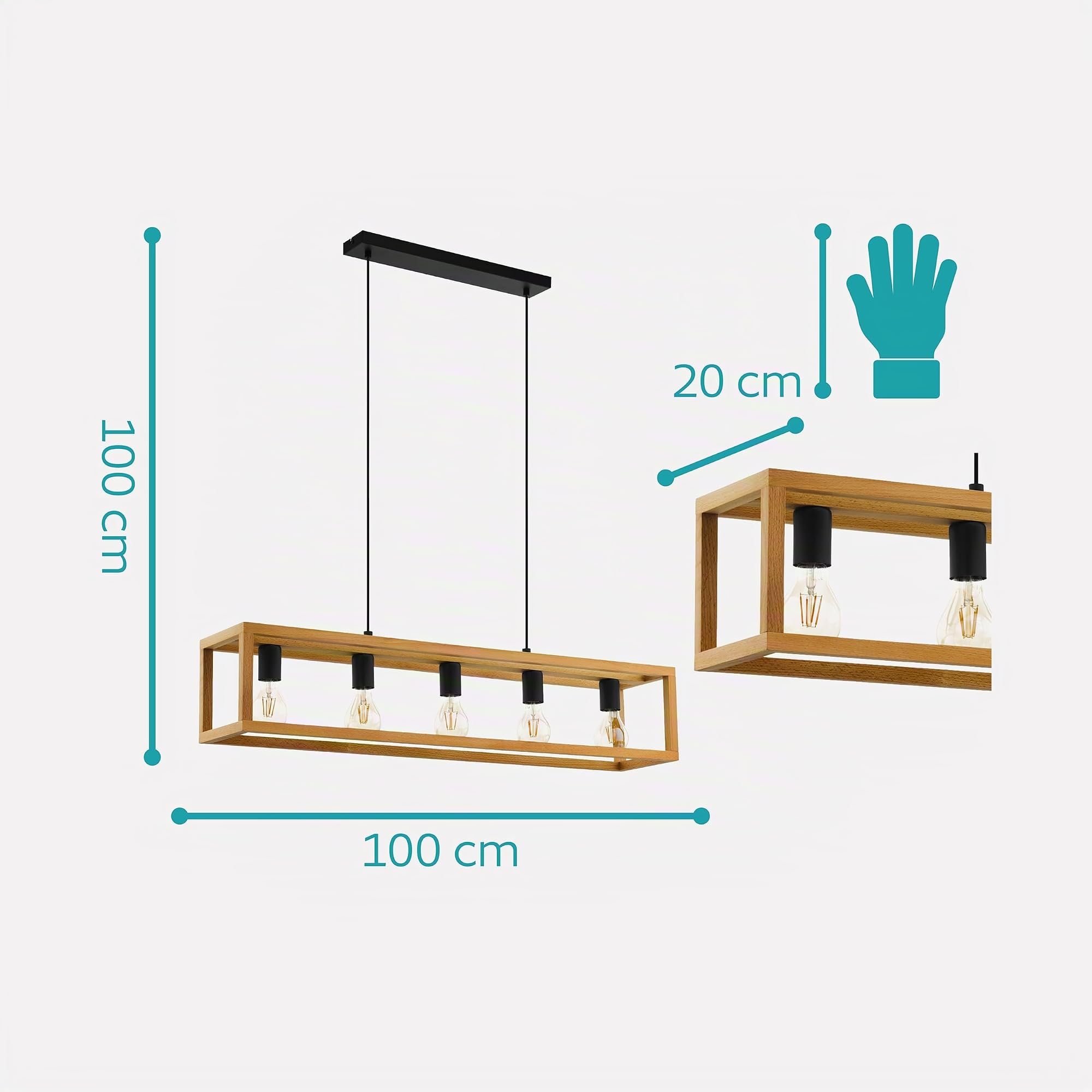 Eglo Suspension luminaire Blackcrown, plafonnier suspendu vintage pour | salle à manger, 3 lampes, lustre salon au design nature, bois clair, douille E27, 100 cm
