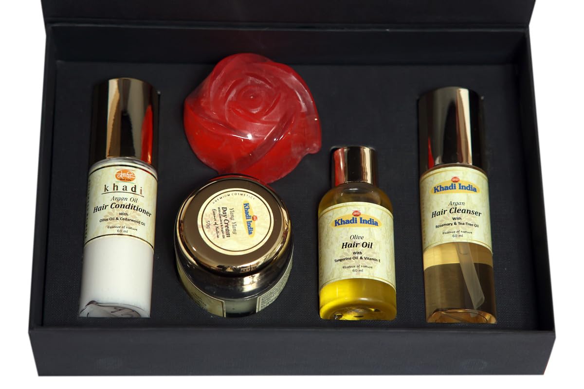 KHADI INDIA Hair & Skin Care Combo - Hair Conditioner (60ml), Olive Hair Oil (60ml), Argan Hair Cleanser (60ml), Ylang Ylang Day Cream (50g) & Patchouli Glycerin Soap (100g) – 5 Natural Products-image-49