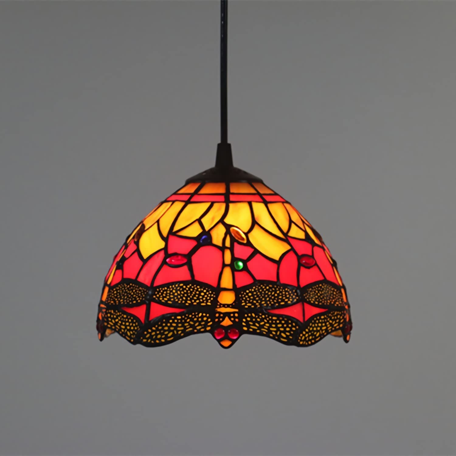 YNIYUJKL 8 Inch Tiffany-Style Chandeliers,Dragonfly Stained Glass Pendant Light, Vintage Adjustable E27 Ceiling Light For Living Room Bedroom Dining Room,Red