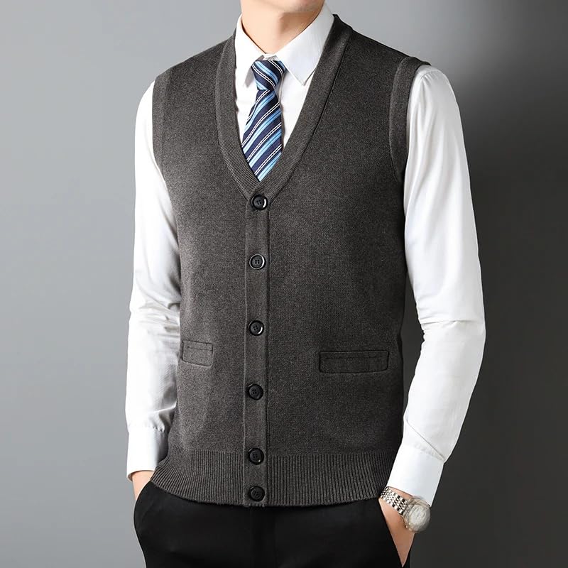 Men's Single Breasted V-Neck Vest Pocket Sleeveless Knitted Vest Business Casual Vest Caot4