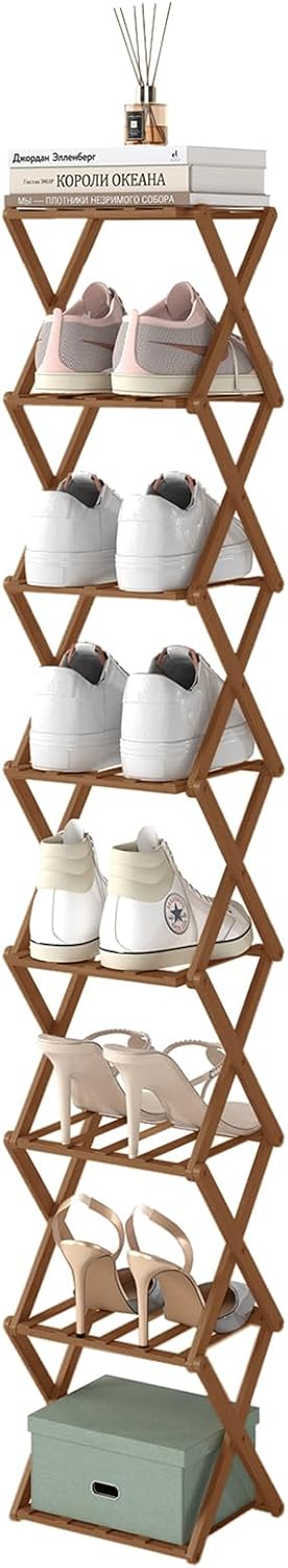 Space Saving Slim Shoe Rack, Tall Narrow Shoe Storage Organizer for Hallway, Apartment & Entryway(Bamboo - Folding,8 Tier Standard)