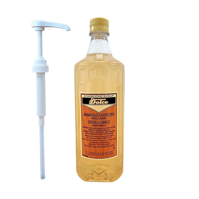 Introducing Starbucks Company's popular Authentic Flavoring Syrups for Coffee and Tea with White Pump. Launched in 2004, these syrups have quickly become a favorite among coffee and tea enthusiasts. Particularly loved is the Cinnamon Dolce flavor, which adds a sweet and aromatic touch to any beverage.

Each 33.8 fl oz (1-liter) bottle of Starbucks Company's Authentic Flavoring Syrup comes with a convenient white pump, allowing for easy dispensing. With just one pump, you can flavor up to 32 drinks, ensuring consistent and delicious taste every time. The cinnamon flavor perfectly complements both coffee and tea, providing a delightful sensory experience.

The versatility of the Starbucks Company Authentic Flavoring Syrups is a major perk. Whether you're craving a hot or cold beverage, these syrups can be added to various drinks such as lattes, cappuccinos, and milkshakes. Made with natural cane sugar, these syrups contain no artificial flavors or preservatives, offering a healthier alternative to traditional sweeteners. Gluten-free as well, they cater to individuals with celiac disease or gluten sensitivity.

In summary, the Starbucks Company Authentic Flavoring Syrup for Coffee and Tea with White Pump (Cinnamon Dolce) adds an exceptional flavor to your favorite beverages. Free from artificial additives, this 33.8 fl oz (1L) bottle with a user-friendly white pump ensures a delightful and convenient experience. Elevate your drinks with the delectable taste of Starbucks.