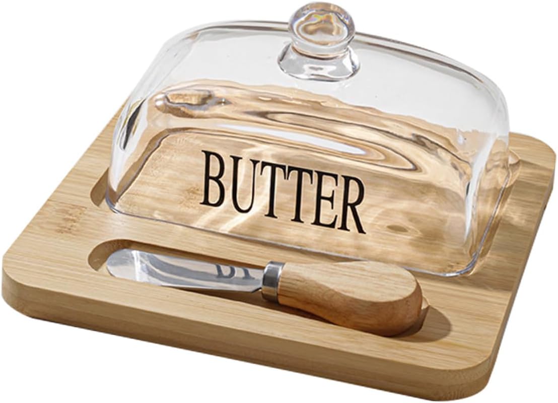 Uonlytech Butter Dish with Glass Dome Lid and Cutter Nordic Style Butter Storage Container for Refrigerator and Countertop Preserve Freshness Cheese Desserts and Snacks Reusable Serving Tray