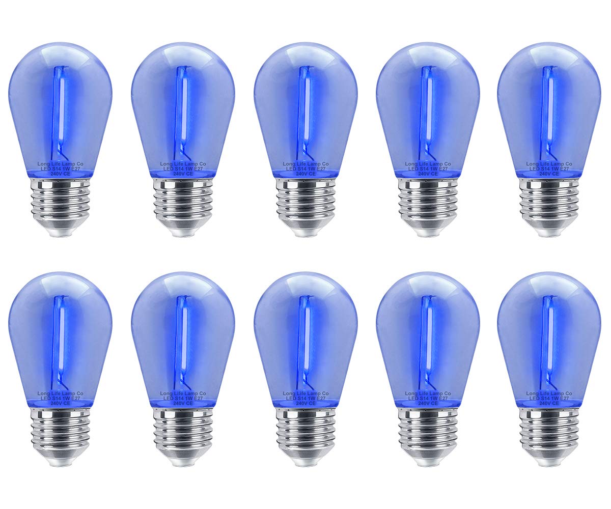 Long Life Lamp Company 10 Pack 1w LED Coloured Lights Bulbs Clear Glass Edison Screw E27 Retro Vintage Filament Decorative and Festoon Lamps 8 Options (Blue)