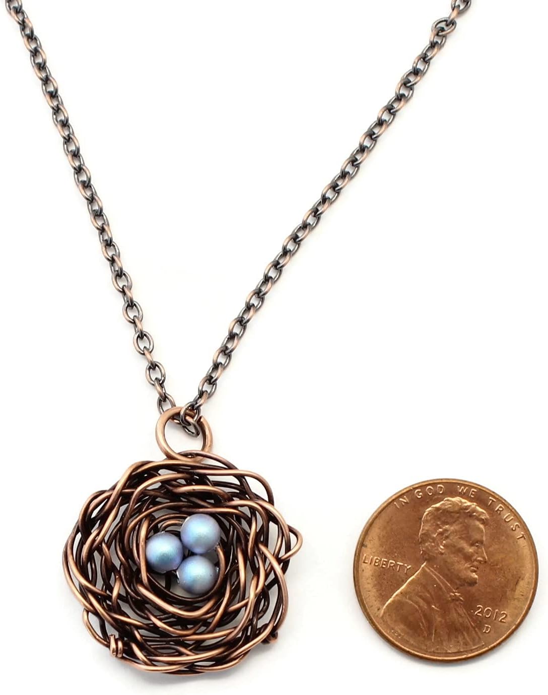 Pillar of Salt Studio Handcrafted Copper Bird Nest Pendant with Simulated Pearl Eggs (18" Chain, Iridescent Light Blue)