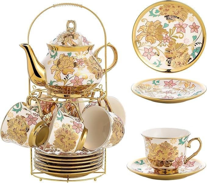 Image of DEEDECORWAVE Premium Ceramic Tea Set of 13 PCS Teapot (800ML) with 6 Cups (180ML Each), 6 Saucers & Holder Stand Elegant Gift for Tea Lovers Ideal for Home, Office & Parties (White)