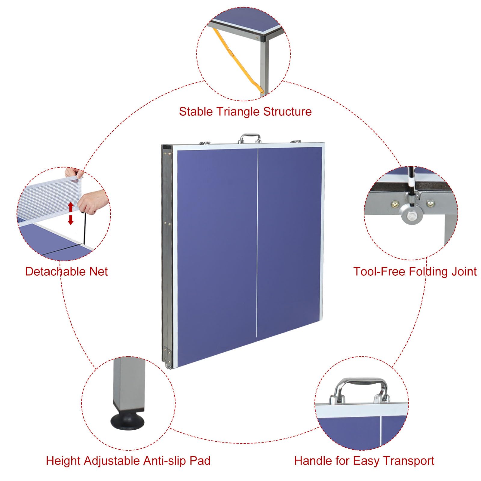 Mesa de Tenis de Mesa de Tamaño Mediano 1.8x0.9m - Mesa de Ping Pong Plegable y Portátil para Interior/Exterior con Red, 2 Palas de Tenis de Mesa y 3 Pelotas