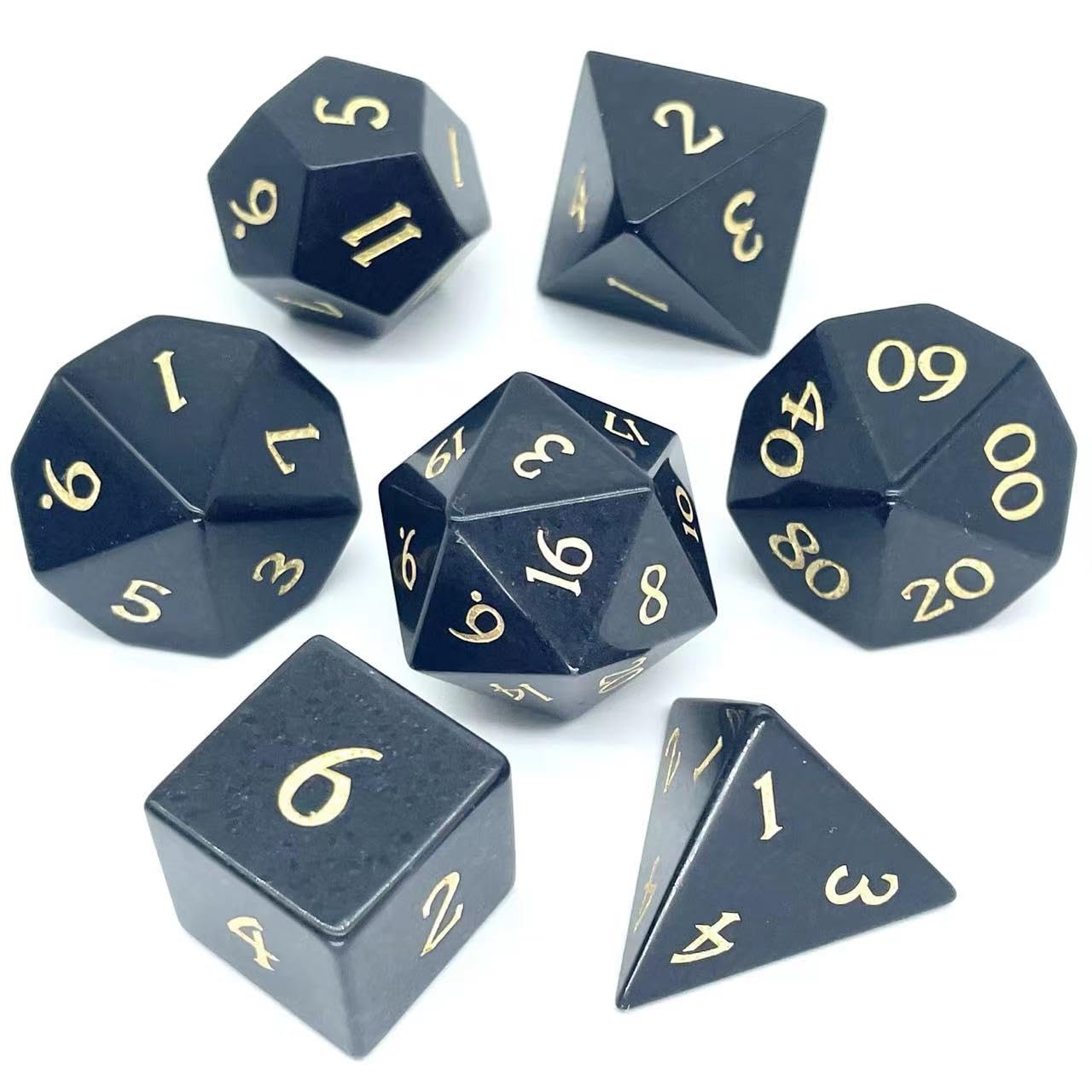 Truewon Black Stone Dice, Set of 7 Handmade Dice for RPG,DND Made by Natural Gemstones. (Basalt)