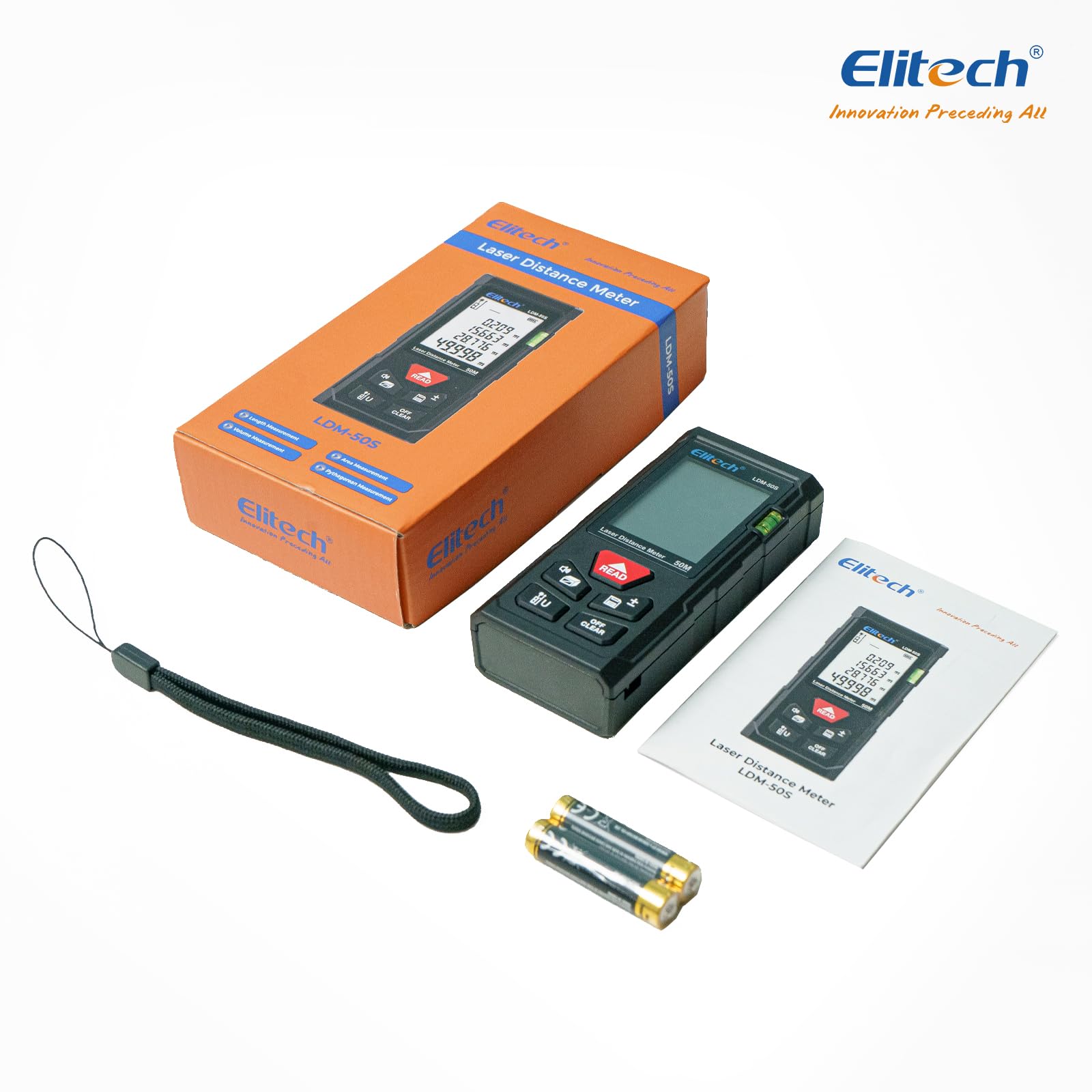 Elitech Télémètre Laser 50m Metre Laser Numérique Mesure Longueur Surface Volume Pythagore, 99 Mémoires, Niveau à Bulle Intégré, Unités Commutables Ft/in/m