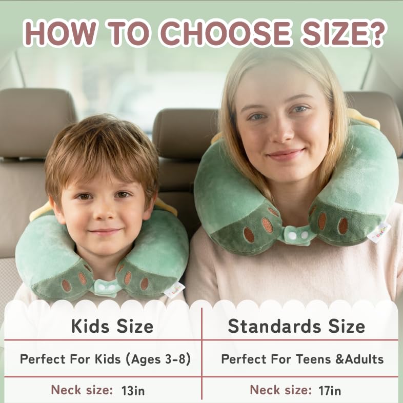 Image of Kids Travel Neck Pillow for Ages 3-8 with Memory Foam, Dinosaur | Removable cover, 13 in neck size, machine washable, hidden zipper, head and chin support, car seat and airplane use