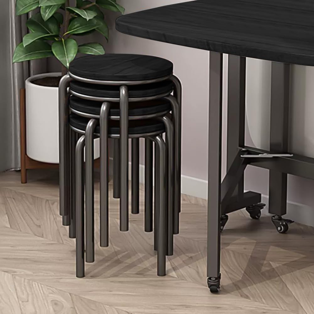 Set di 4 sgabelli impilabili, altezza 45,7 cm, con schienale rotondo, in legno, portatili, impilabili, con struttura in metallo, colore: nero