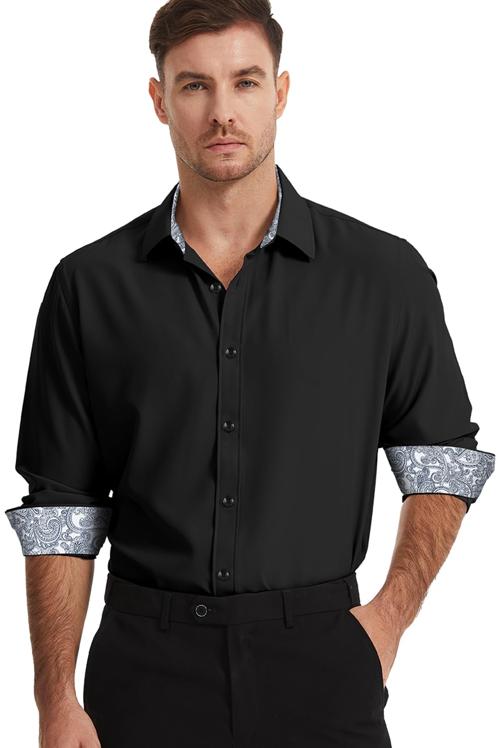 Demofair Men's Dress Shirts Long Sleeve Wrinkle-Free Button Down Shirt Men Inner Contrast Stretch Formal Shirts