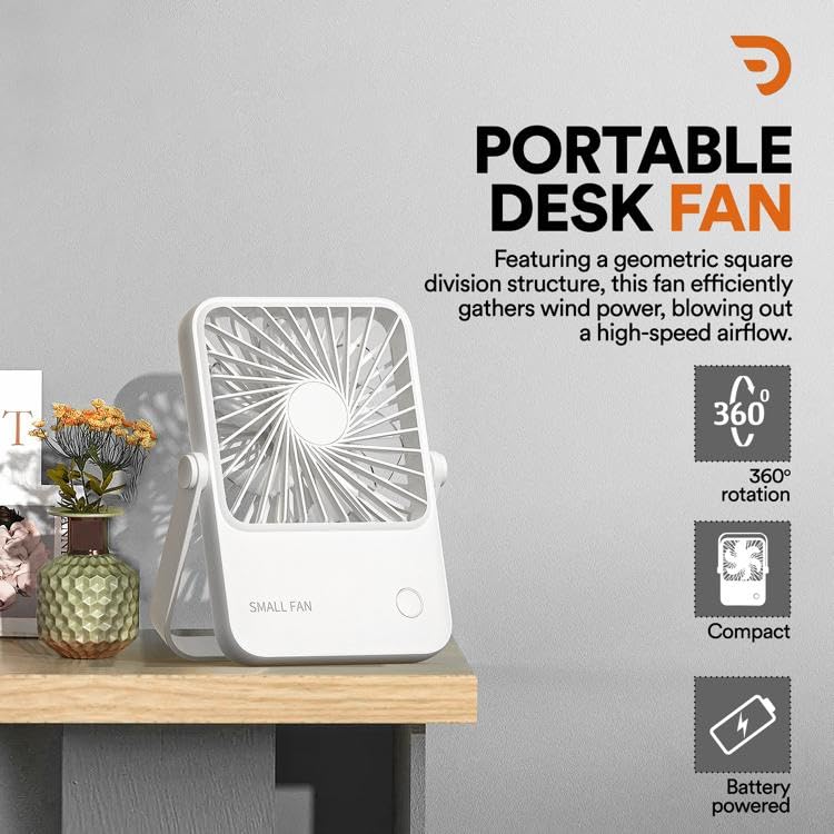Image of Dravina Portable Desk Fan Battery Operated - 3000mAh, Foldable, 3 Speed Modes Strong Airflow, Small Personal Fan with 180 Adjustable Tilt Angle, Quiet Cooling Fan for Home, Office, Dorm