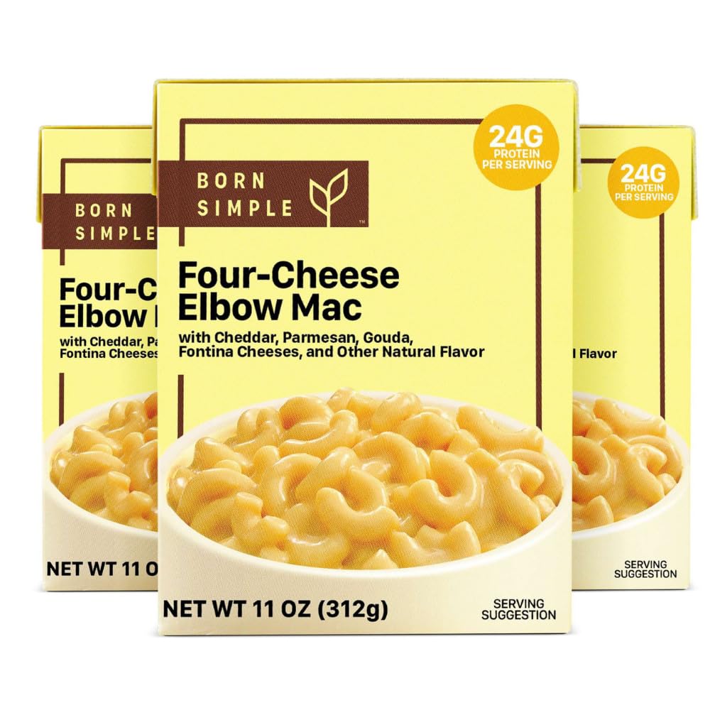 Born SimplePrepared Meals - Ready to Eat Four-Cheese Elbow Mac and Cheese | 24g Protein | 11 Oz (Pack of 3)
